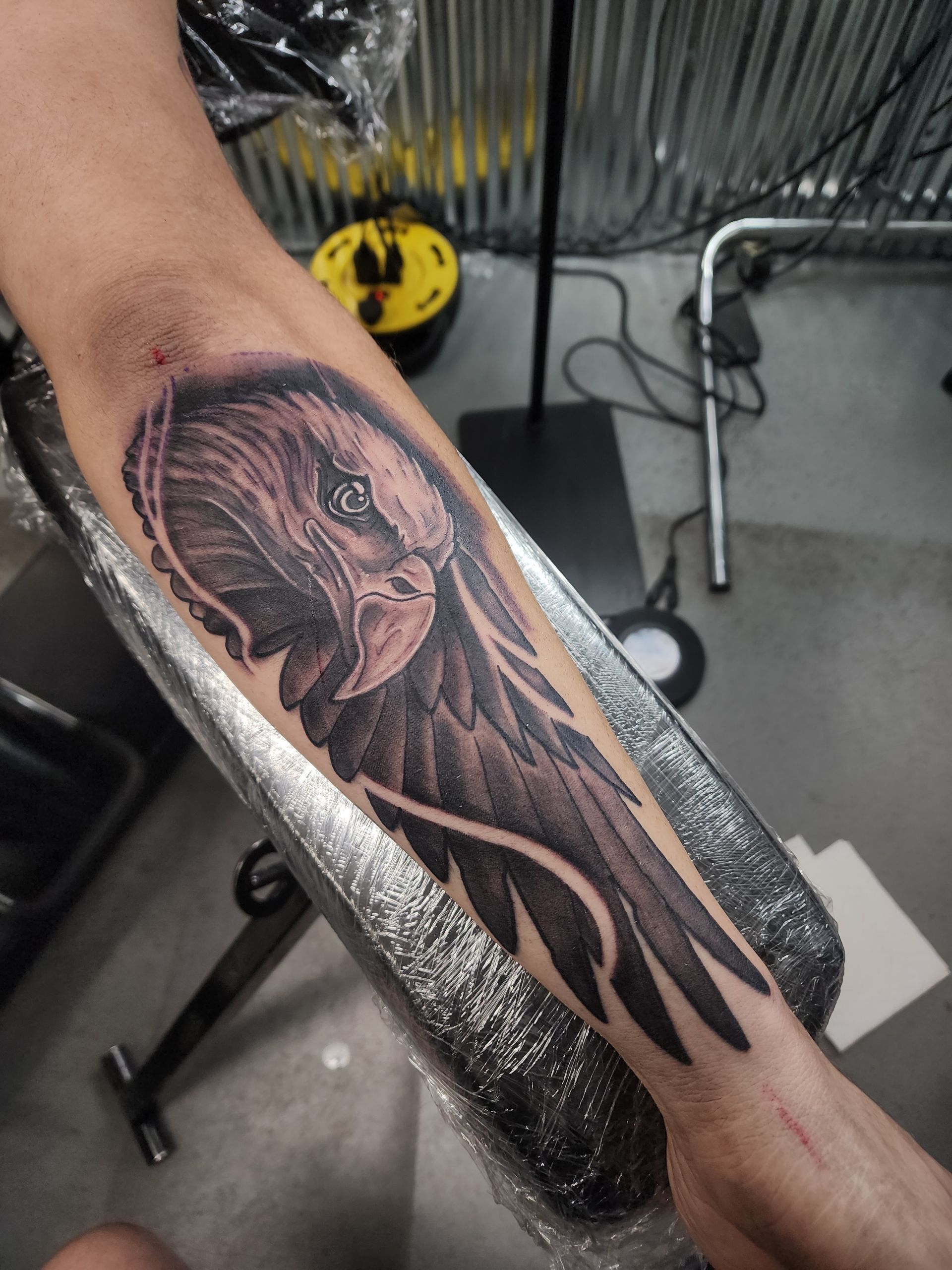 Tattoo of an eagle head and wing on forearm; grayscale shading, sitting on a tattoo table.