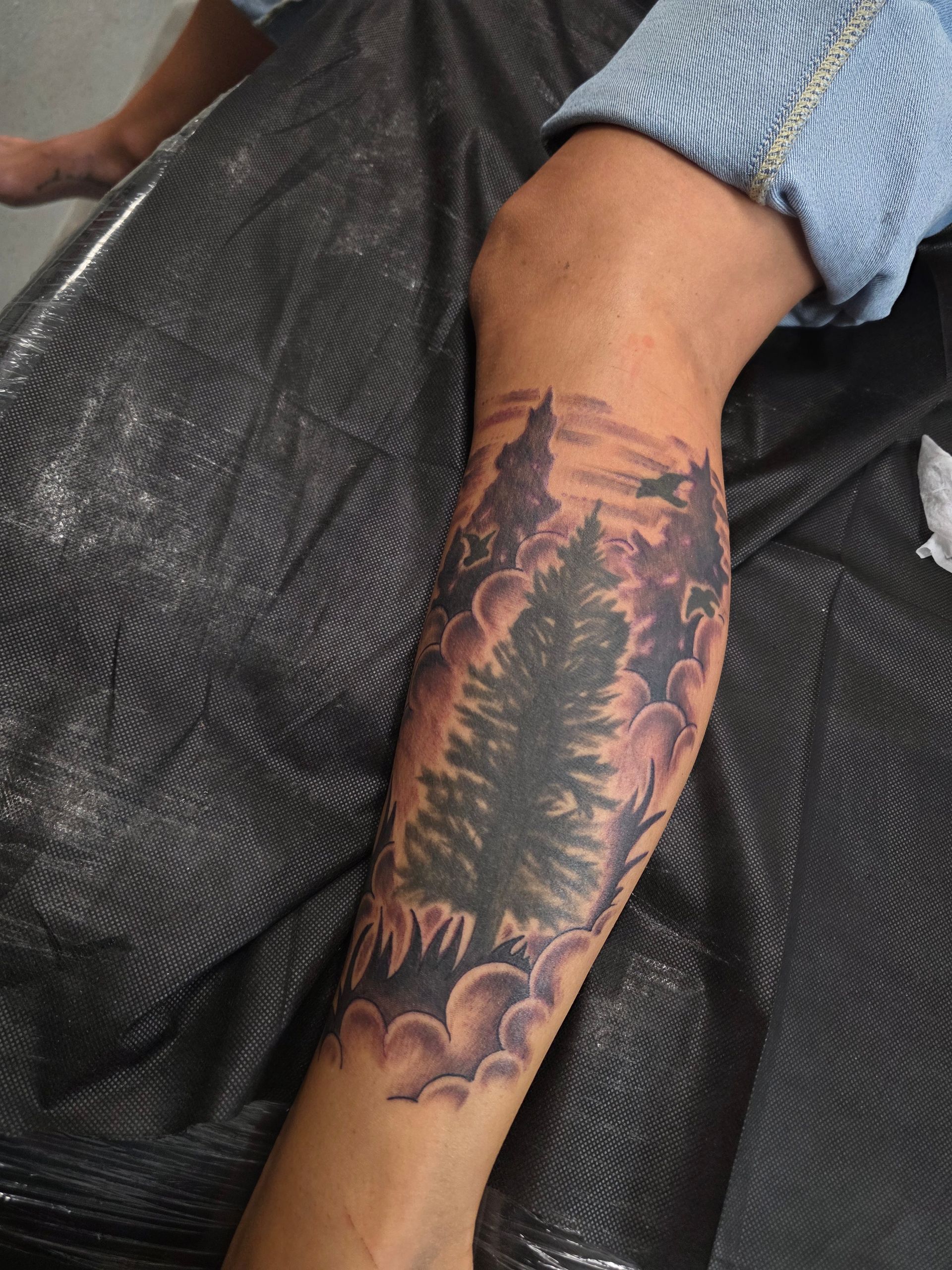 Leg tattoo: forest scene with large central evergreen tree and cloudy sky.