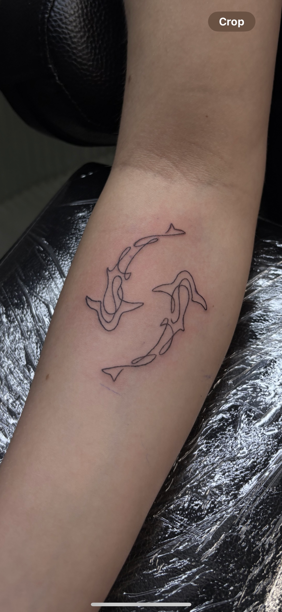 A person has a tattoo of two sharks on their forearm.