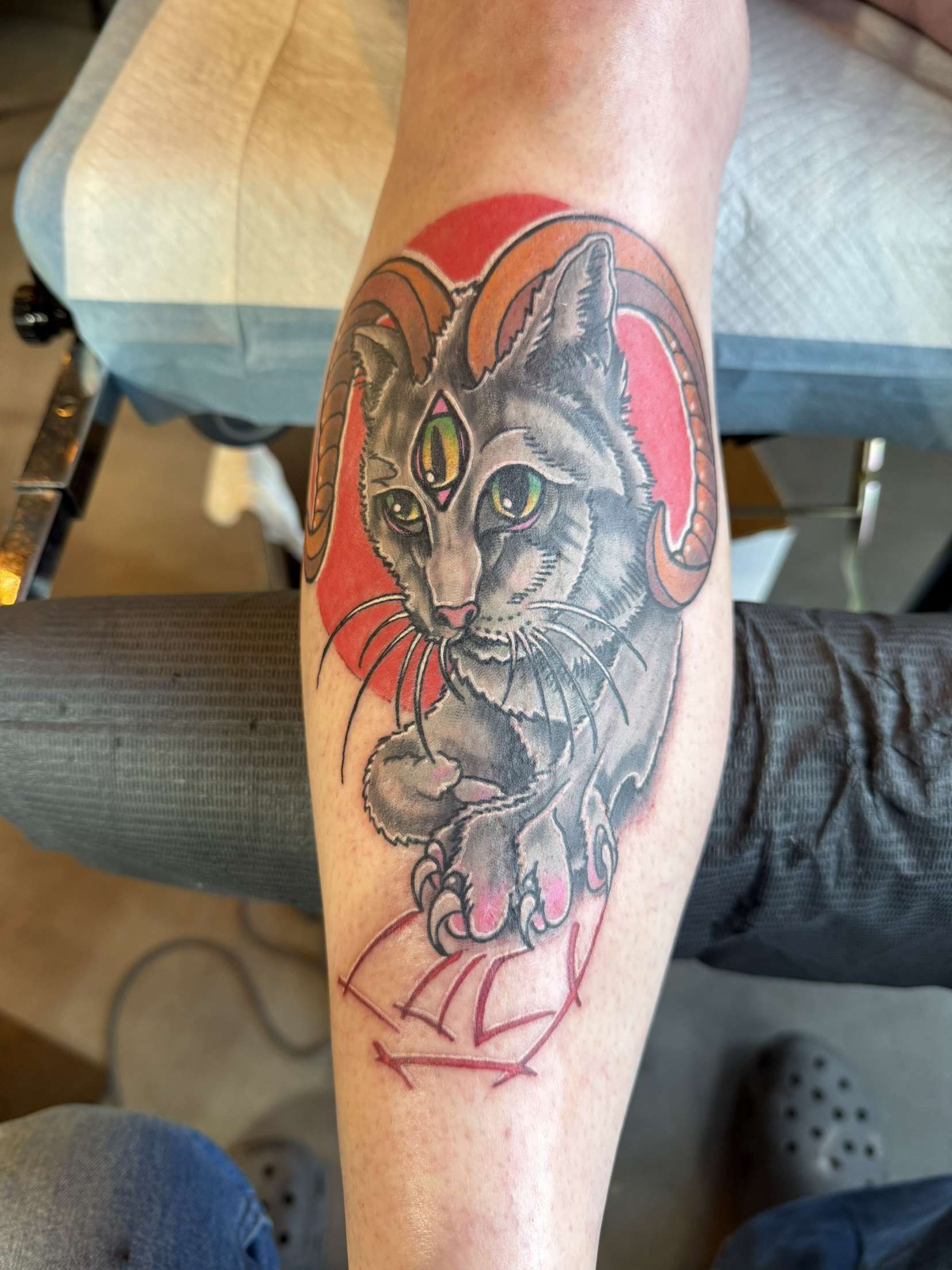A tattoo of a cat on a person's leg