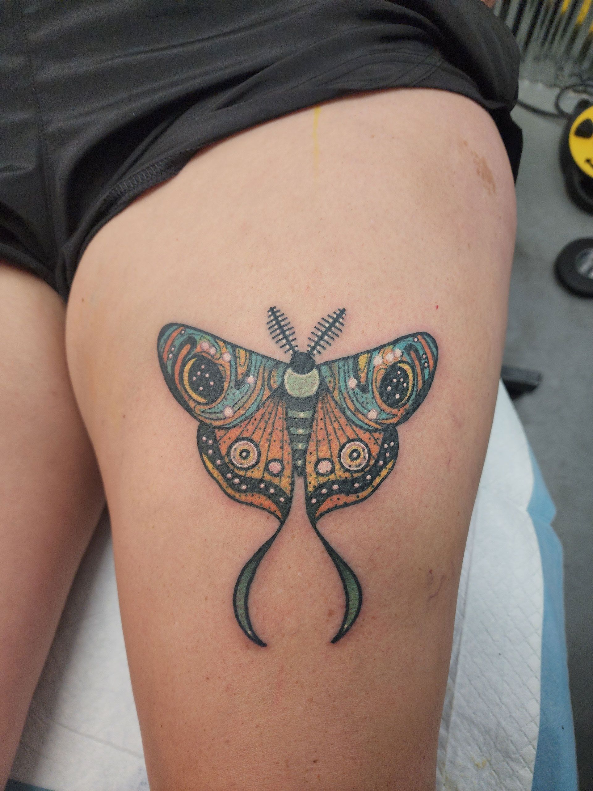 A woman has a tattoo of a moth on her thigh