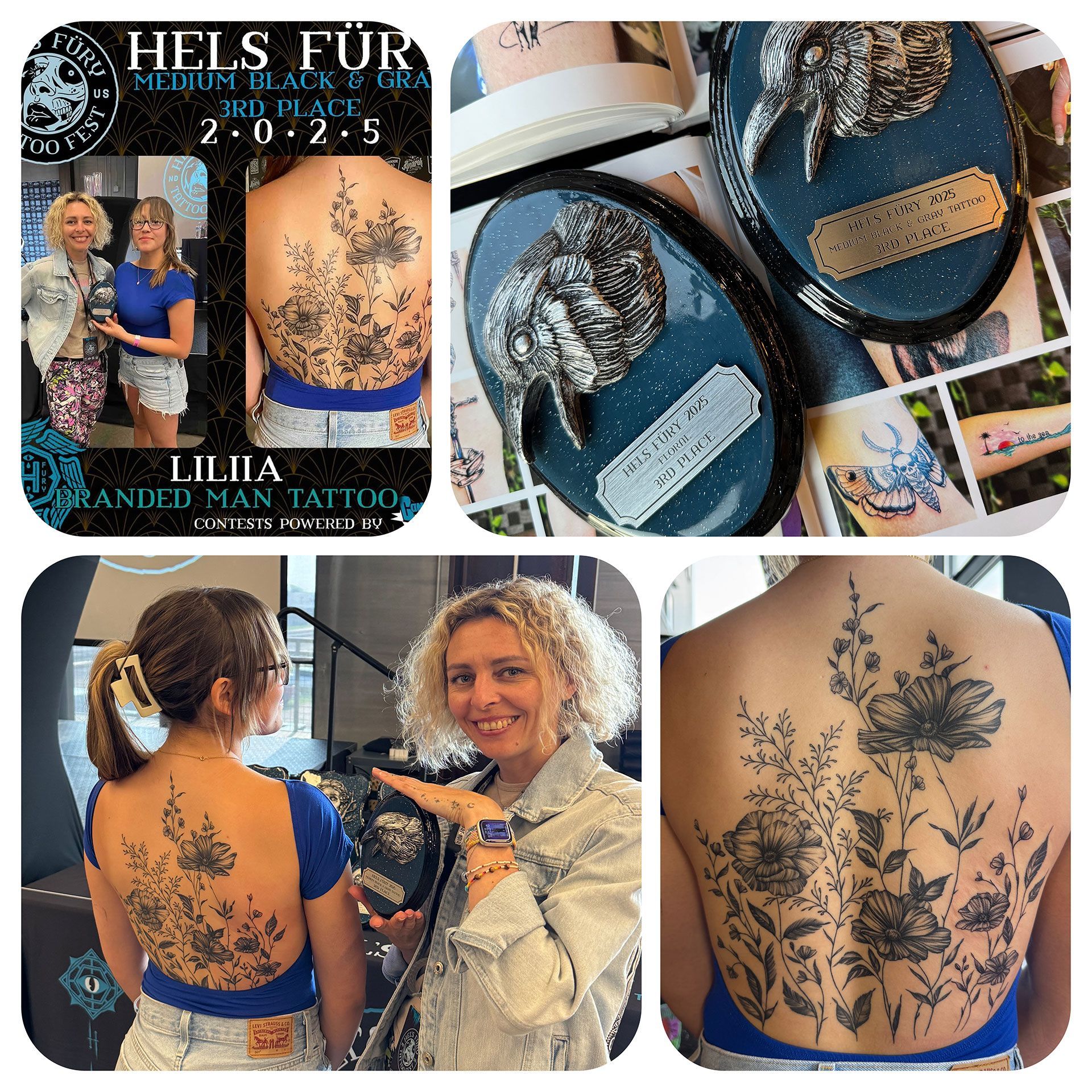 A collage of photos of a woman getting a tattoo