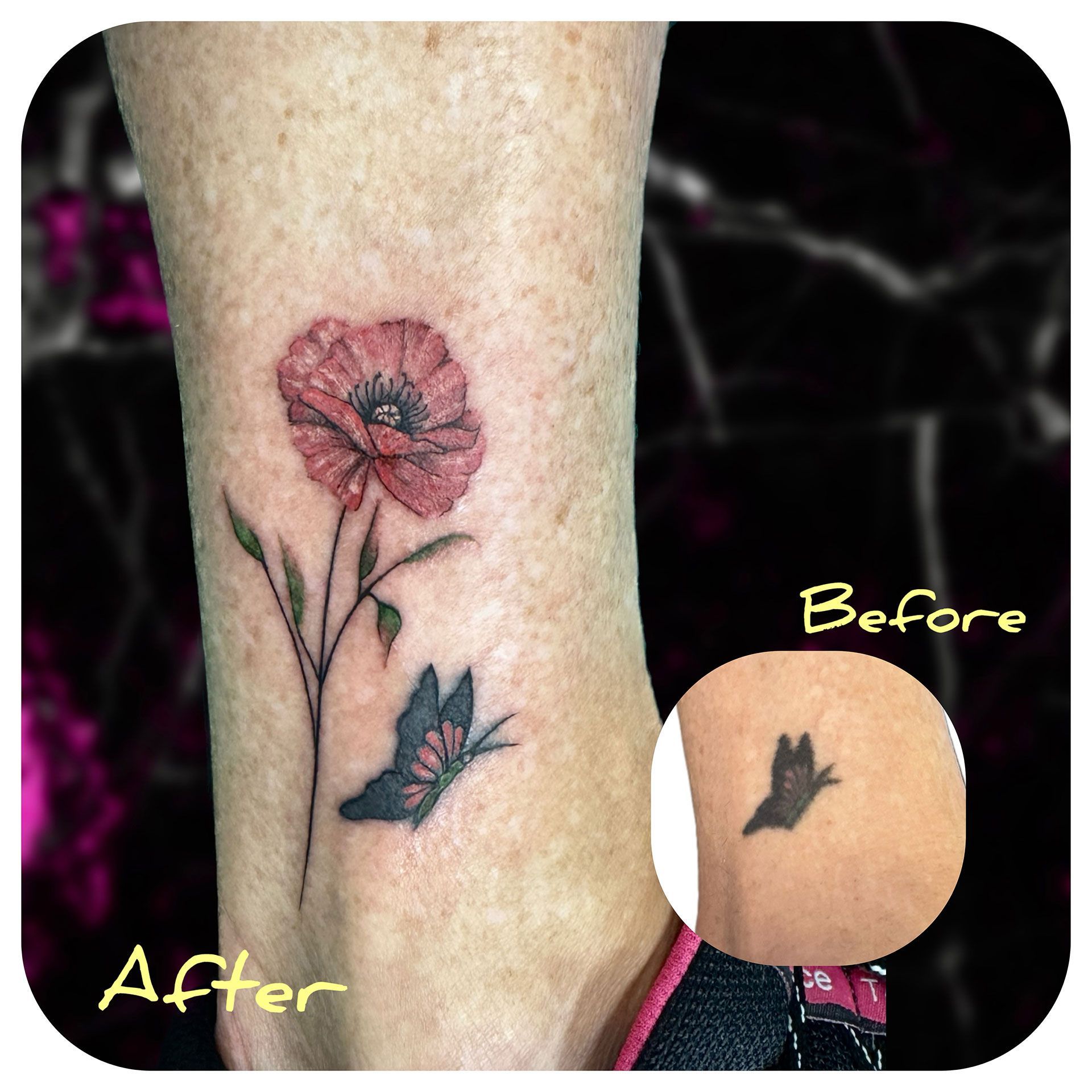 A woman has a tattoo of a flower and a butterfly on her ankle