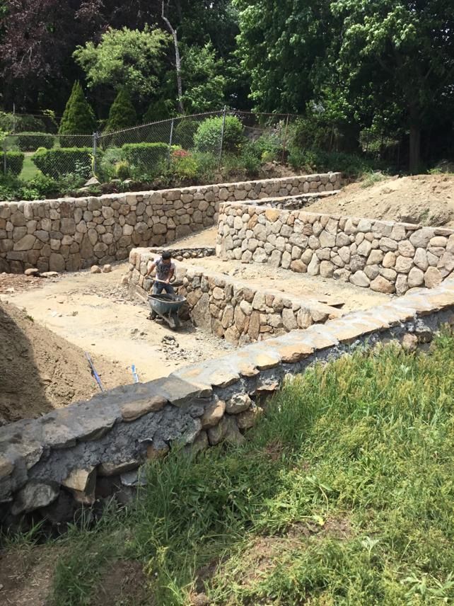 Stone-lined irrigation channel with a small water feature in a green hillside garden
