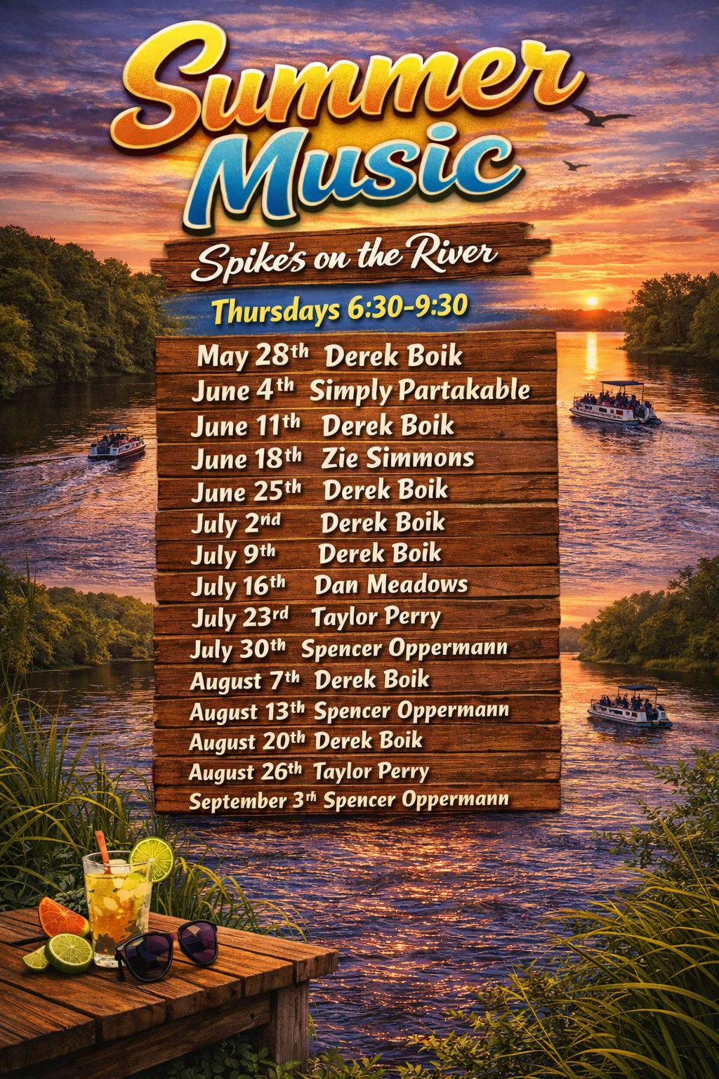 Summer Music concert poster with sunset river background and July-August performance schedule