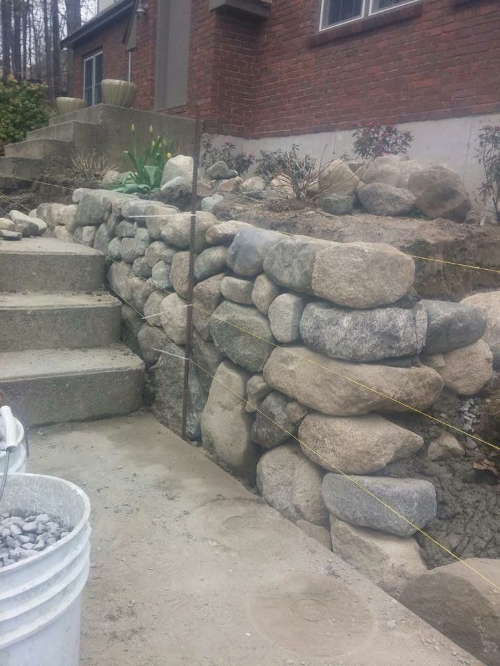 Masonry stairs and retaining wall