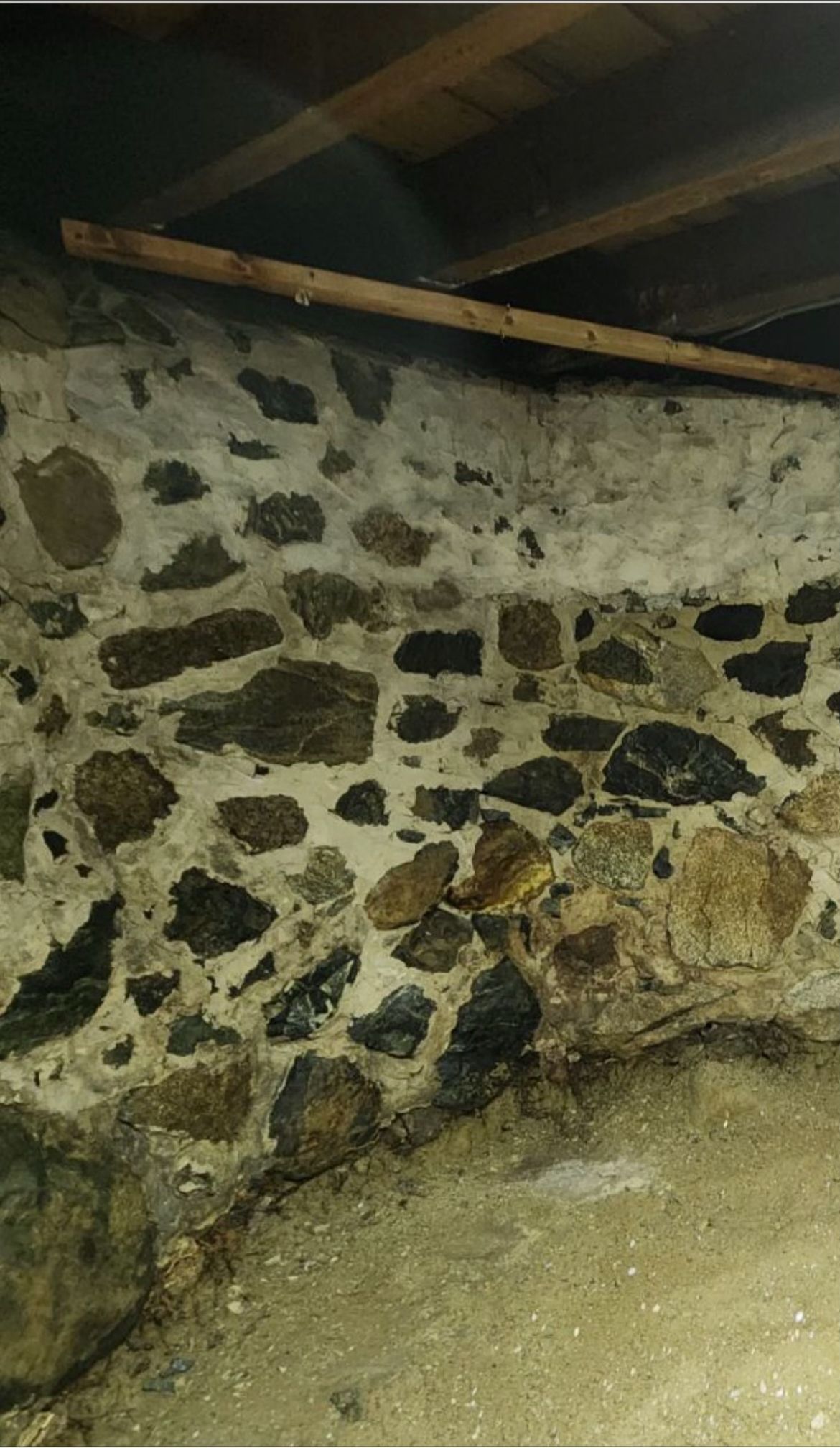A close-up of a stone wall in a basement