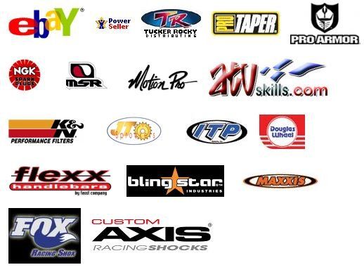 Ebay, Power Seller, Tucker Rocky, Pro Taper, Pro Armor, NGK, MSR, Motion Pro, atvskills.com, KN, JT, ITP, Douglas Wheels, Flexx, Bling Starm , Maxxis, Fox, Custom Axis Brand logos