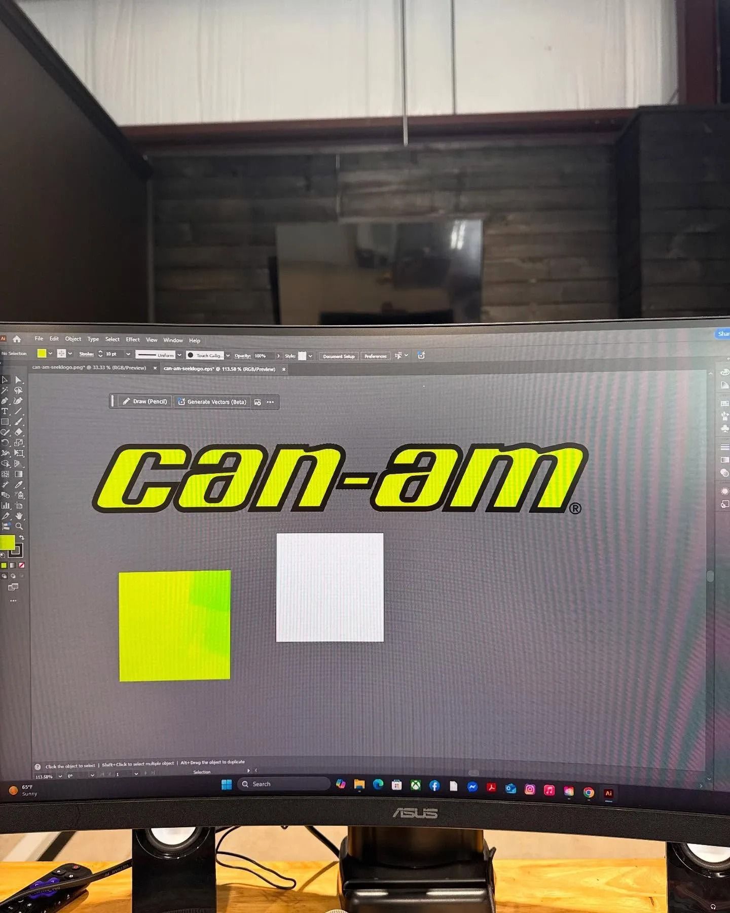 Computer screen with Can-Am logo in editing software, alongside color swatches.