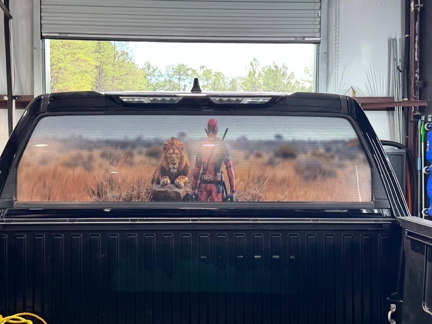 Rear truck window featuring a graphic of a person with a lion in a grassy field.
