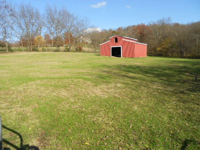Red barn in a grassy field with trees under a blue sky