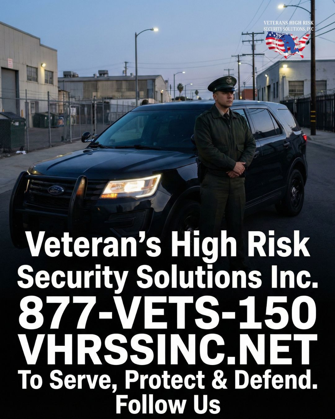 A security officer stands next to a black SUV. The company is Veteran's High Risk Security Solutions Inc.