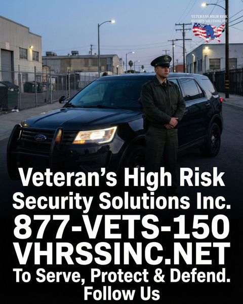 A security officer stands next to a black SUV. The company is Veteran's High Risk Security Solutions Inc.