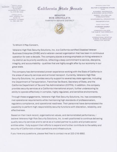 Official letter from the California State Senate recommending High Tech Security Solutions, Inc.