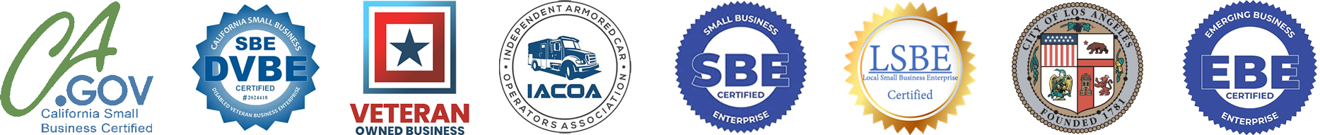 Logos: CPA, DVBE, Veteran, 8(a) logo, SBE, LSBE, City of Los Angeles logo, EBE.