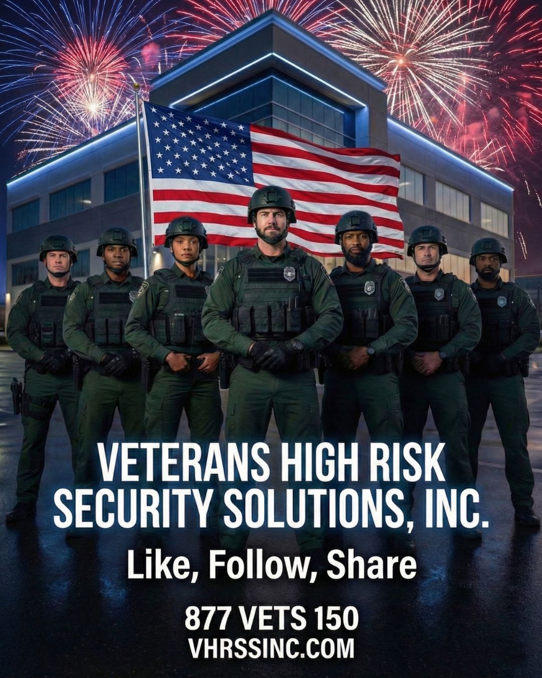 Seven uniformed security personnel in front of an American flag and building; ad for 