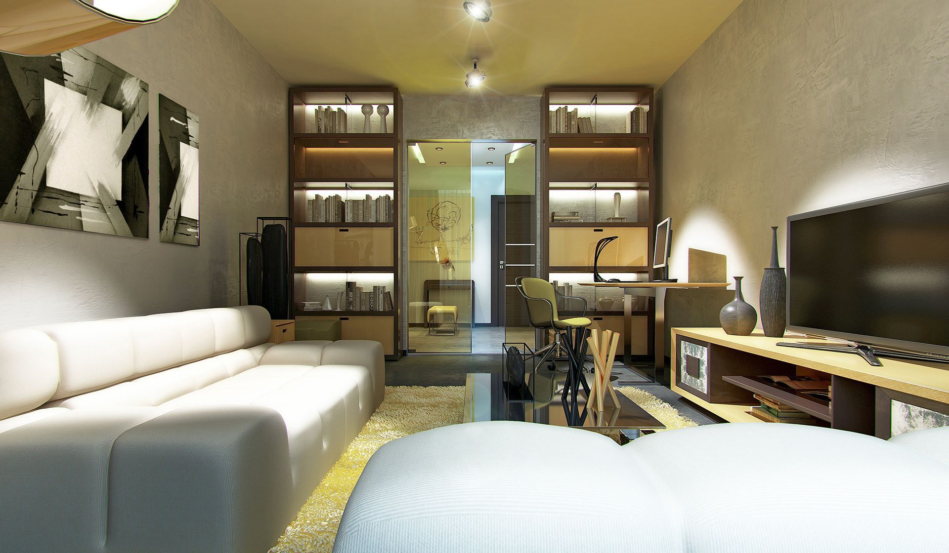 A living room with a couch and a flat screen tv