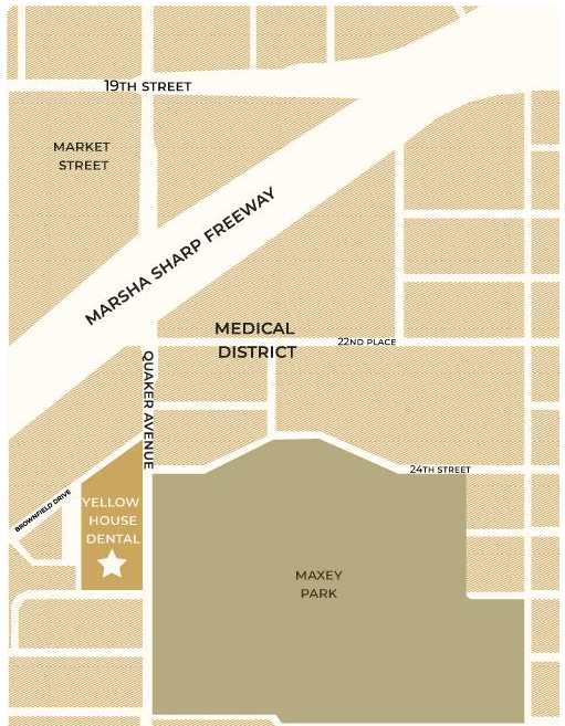 Map showing Yellow House Dental near Baker Park, west of a medical district.