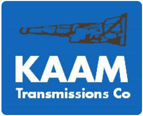 Blue logo reading &ldquo;KAAM Transmissions Co&rdquo; with a black transmission graphic above the text