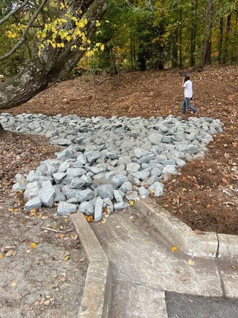 a man is walking across a pile of rocks in the woods .