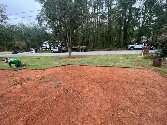 a man is laying grass in a yard next to a road .