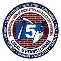 Circular logo for Bricklayers and Allied Craftworkers Local 5 Pennsylvania with brick, trowel, hammer, and text.