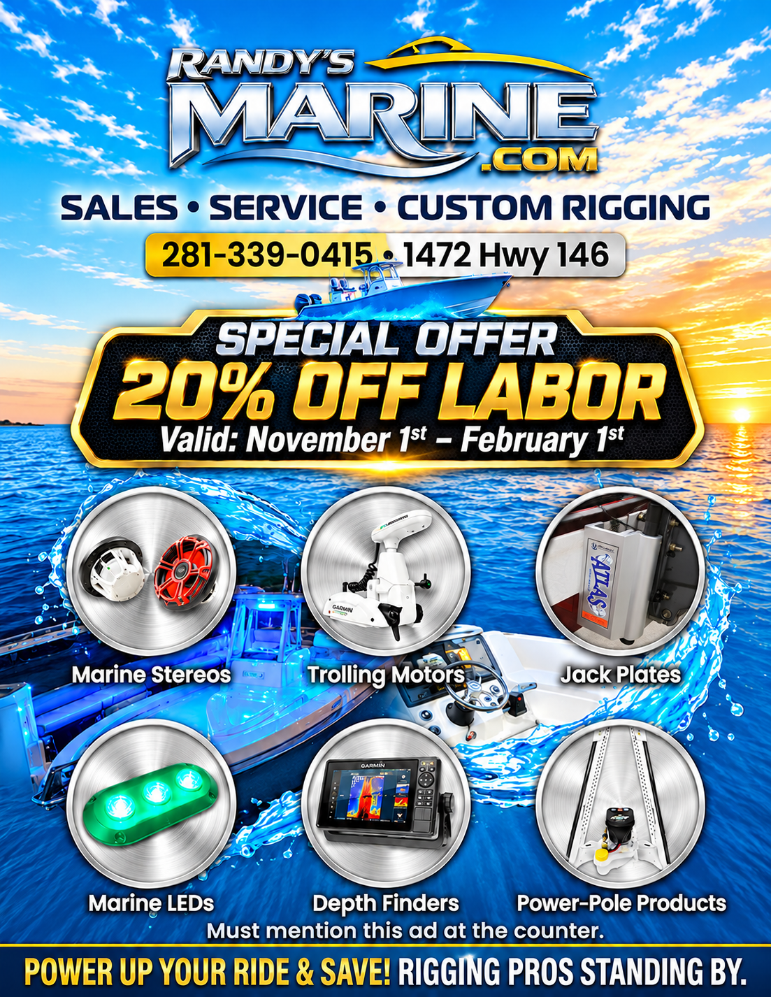 Randys Marine ad: 20% off labor on marine services, with boat accessory icons and phone number.