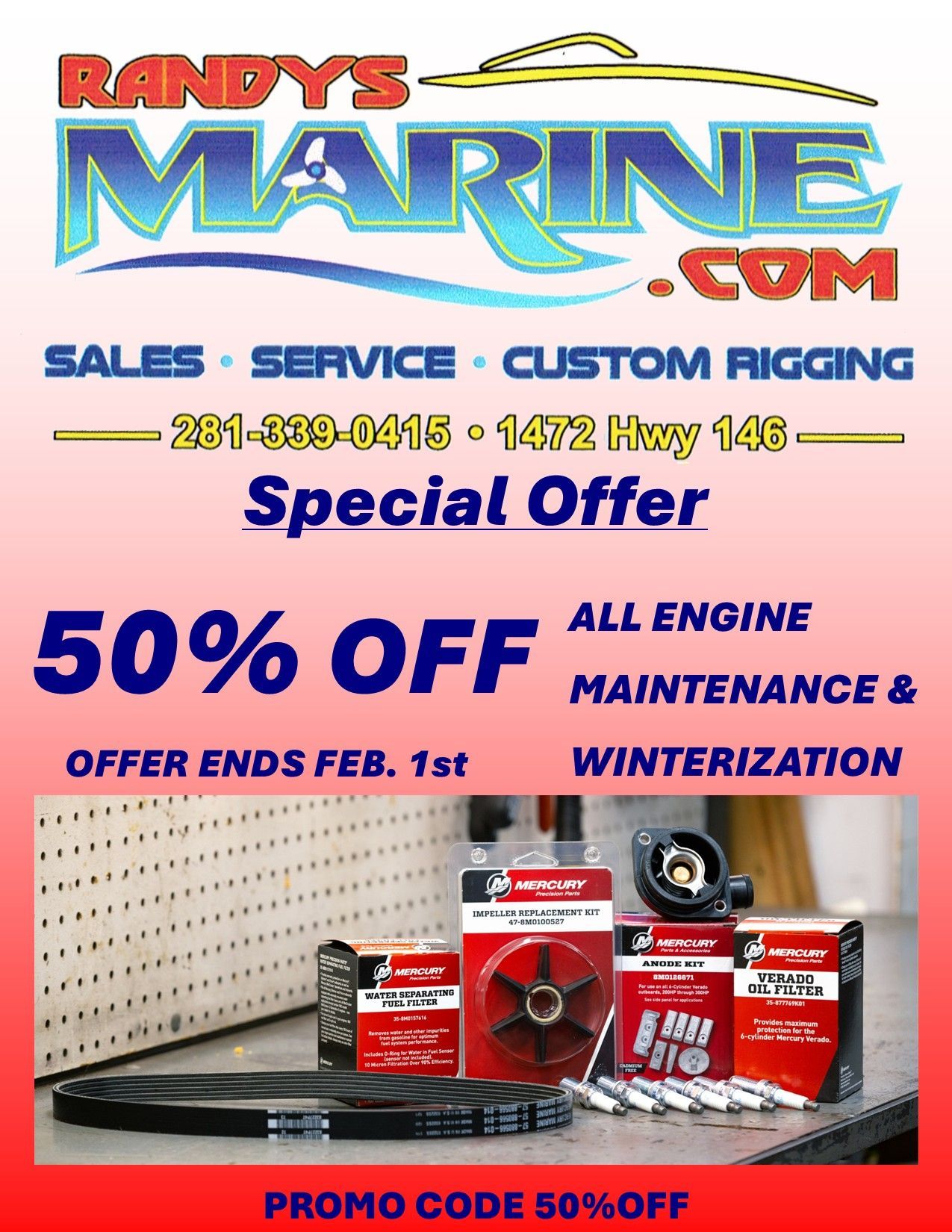 Advertisement for Randy's Marine offering 50% off engine maintenance and winterization, ending February 1st.