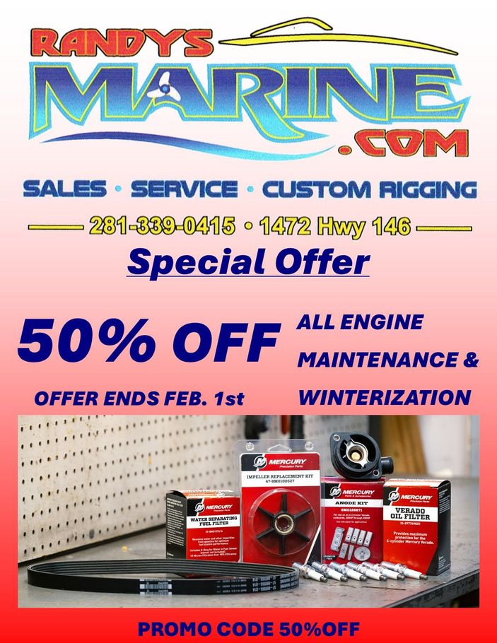 Advertisement for Randy's Marine offering 50% off engine maintenance and winterization, ending February 1st.