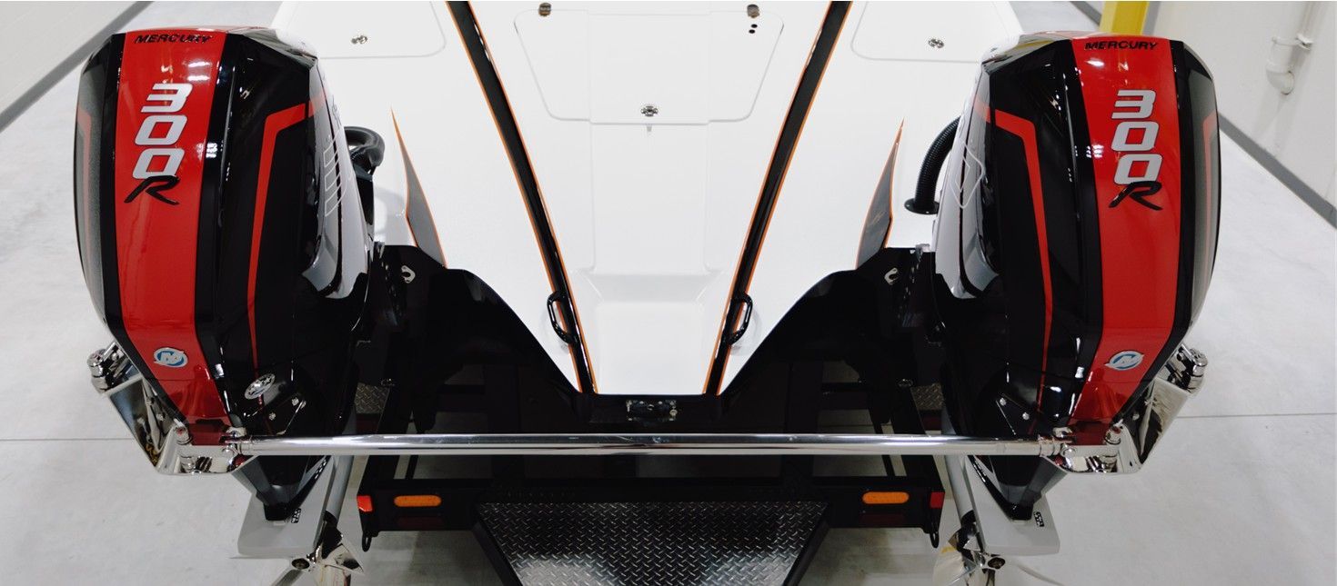 Boat engines with red stripes and 300R text.