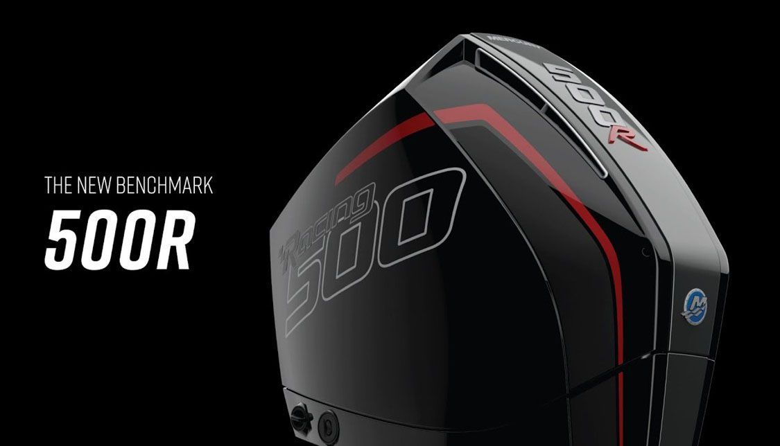 Mercury Racing 500R outboard motor, black with red accents.