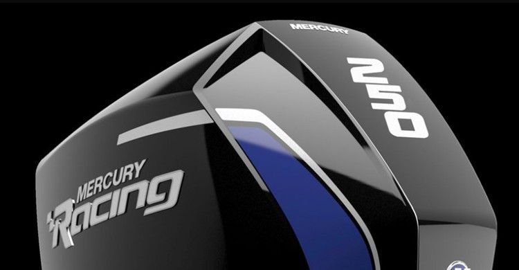 Close-up of a black Mercury Racing outboard motor with blue and silver accents, the number 250 prominent.