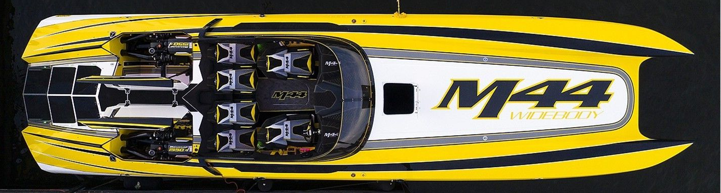 Overhead view of a yellow and black speedboat with