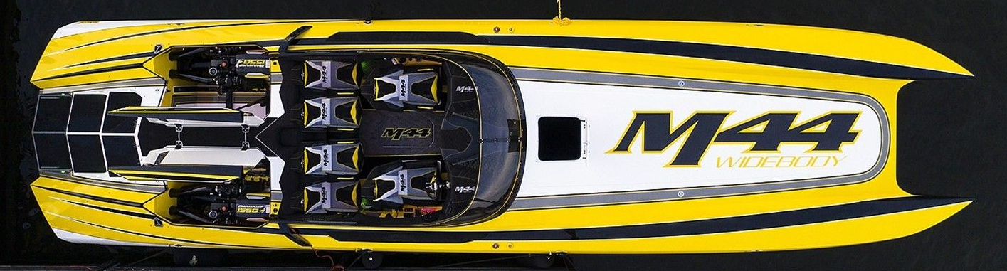 Overhead view of a yellow and black speedboat with