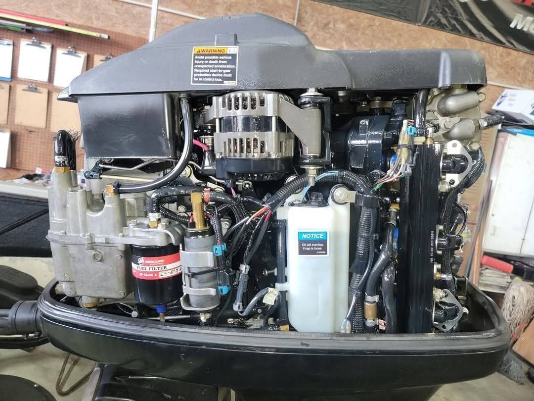 Outboard motor: black, gray, and silver engine components with hoses, wires, and a fuel filter.