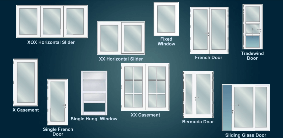 A bunch of different types of windows and doors on a blue background
