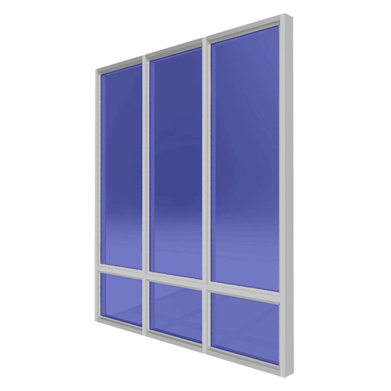 A 3d model of a window with blue glass on a white background.