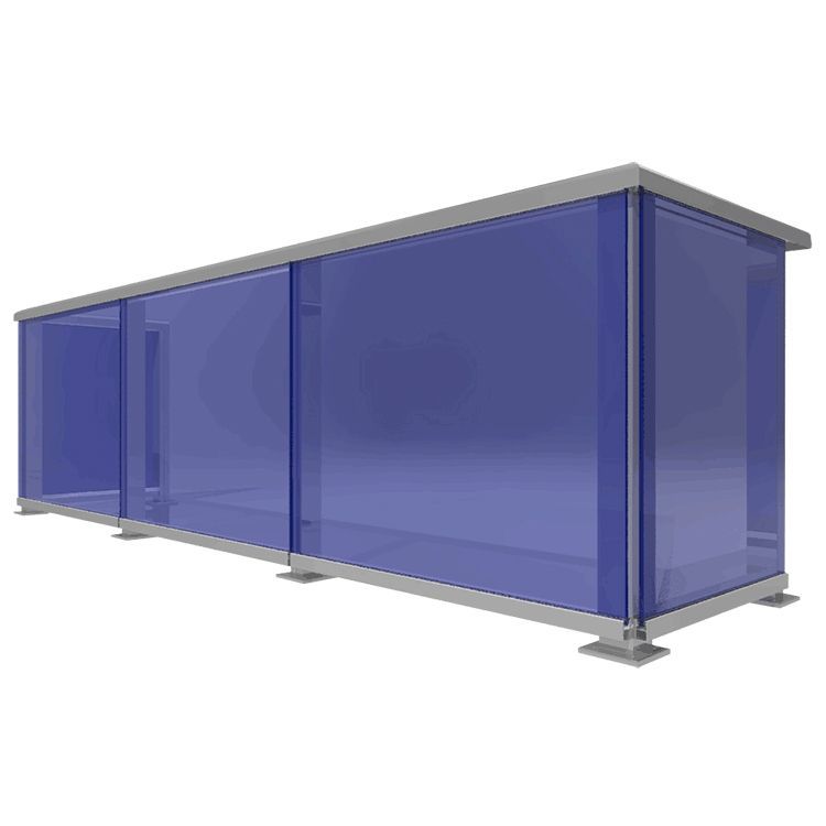 A blue glass railing with a metal frame on a white background.
