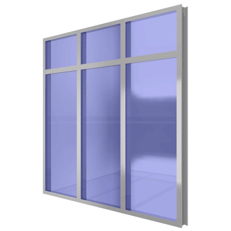 A 3d rendering of a window with blue glass on a white background.
