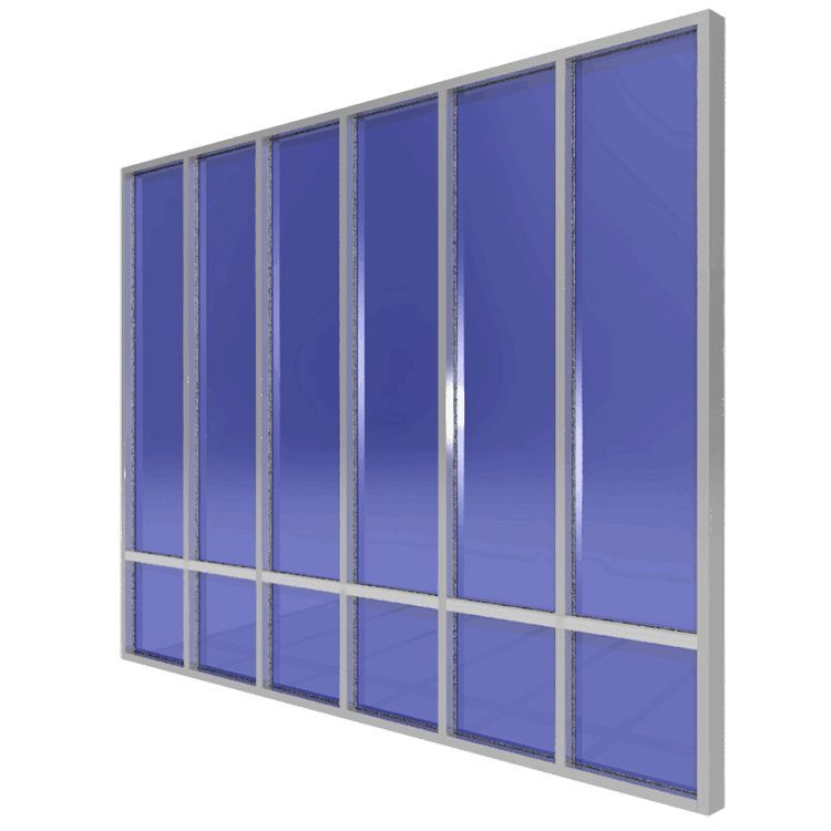 A 3d rendering of a window with blue glass and a metal frame.