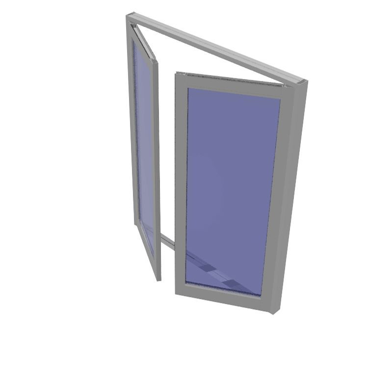 A 3d model of an open window with a blue glass.