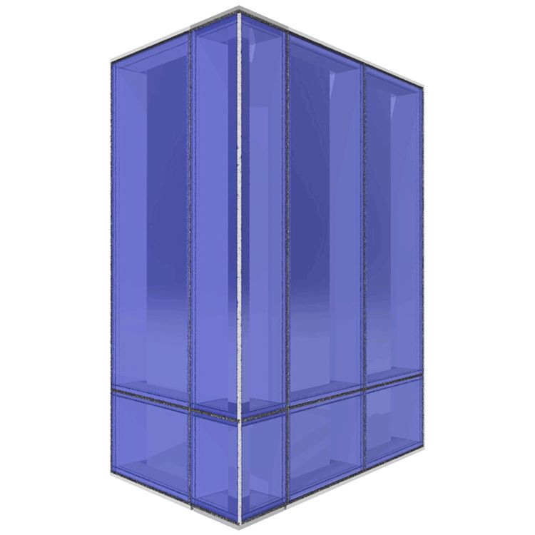 A blue building with a lot of windows on a white background.