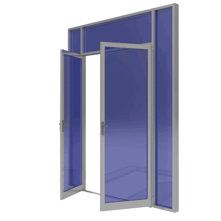 A 3d model of a sliding glass door with blue glass on a white background.