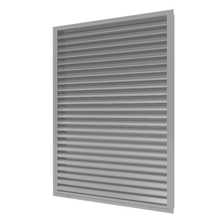A 3d model of a gray aluminum shutter on a white background.