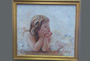 A painting of a little girl in a gold frame