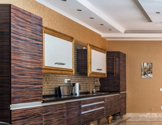 Modern kitchen with dark wood cabinets, white framed panels, and a countertop with small appliances.