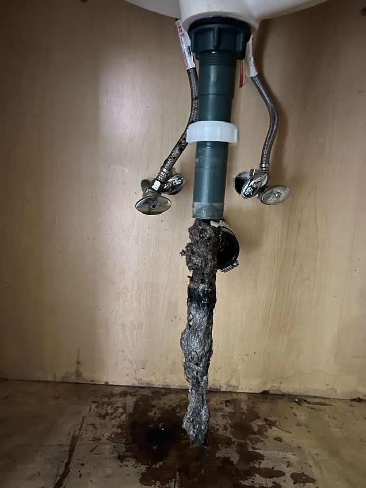 Under-sink plumbing with a severely corroded vertical pipe and water damage on the cabinet floor