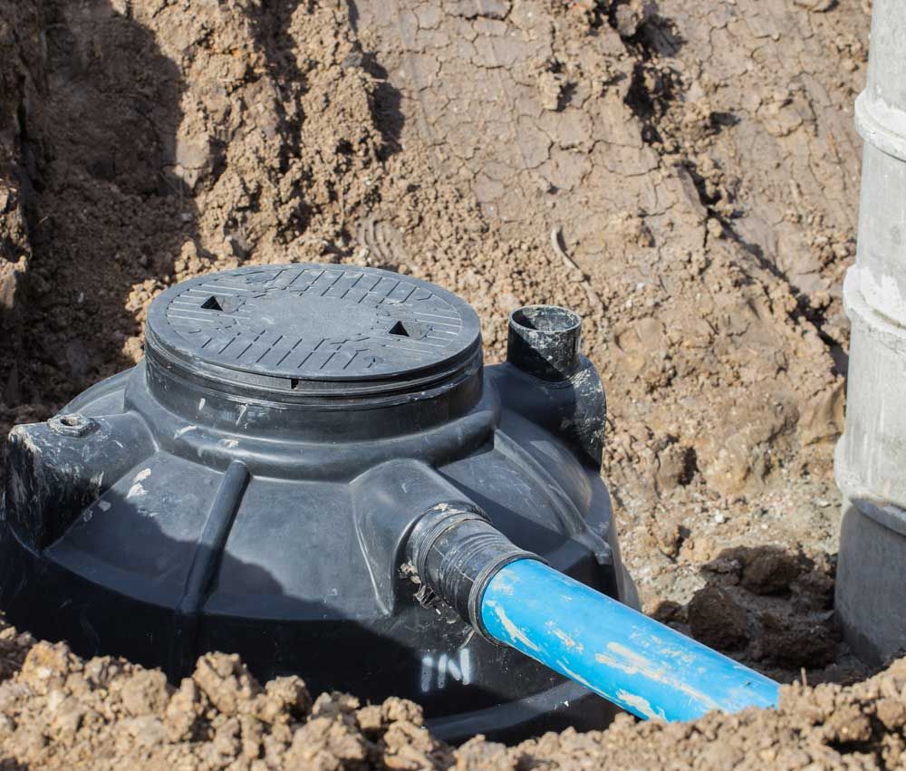 Black utility pipe junction with blue pipe, set in dirt beside a stone wall.