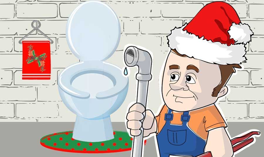 Cartoon plumber in a Santa hat fixing a toilet in a bathroom with a red wall decoration