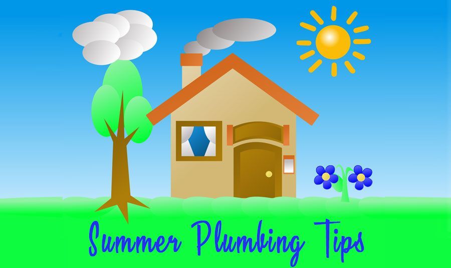 Cartoon house with chimney smoke, tree, sun, flowers, and text “Summer Plumbing Tips”